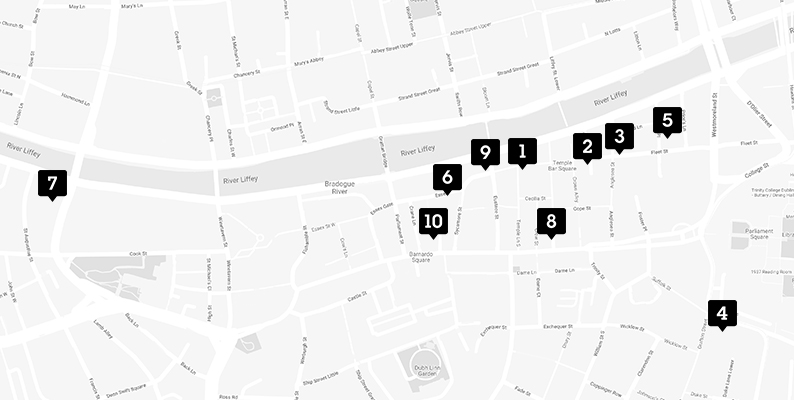 Black numbered points of bars on a grey map of the Temple Bar in Dublin