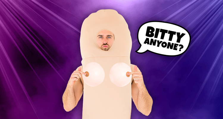 Man wearing a penis costume with fake boobies.