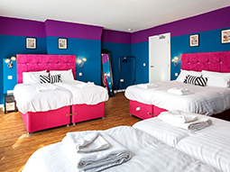 A guest bedroom at Mad Hatter's Tea Room with six beds in it 