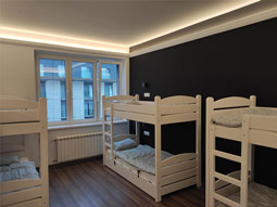 A set of bunkbeds in a shared room with big windows at Greg and Tom Hostel in Krakow