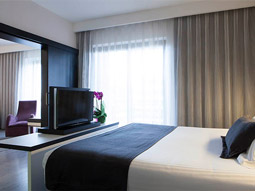 An open plan room with a double bed, a TV and a living area with cushioned armchairs at Dimar Hotel in Valencia