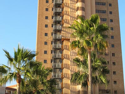 The exterior of the tower block style Vistamar Apartments