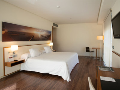 A double bed with artwork above it and a TV in front of it at Hotel Primus Valencia