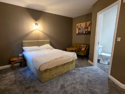 A double bedroom with some wall art of some donkeys 