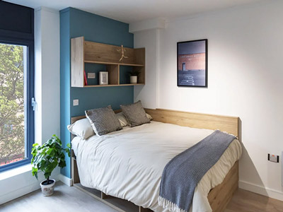 An apartment bedroom with a double bed, shelf space and some wall art 