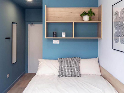 An apartment bedroom that has a double bed with blue walls and shelf space above the bed 