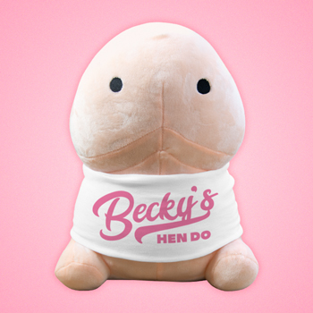 One white and one brown penis-shaped plush toys wearing white hen do t-shirts 