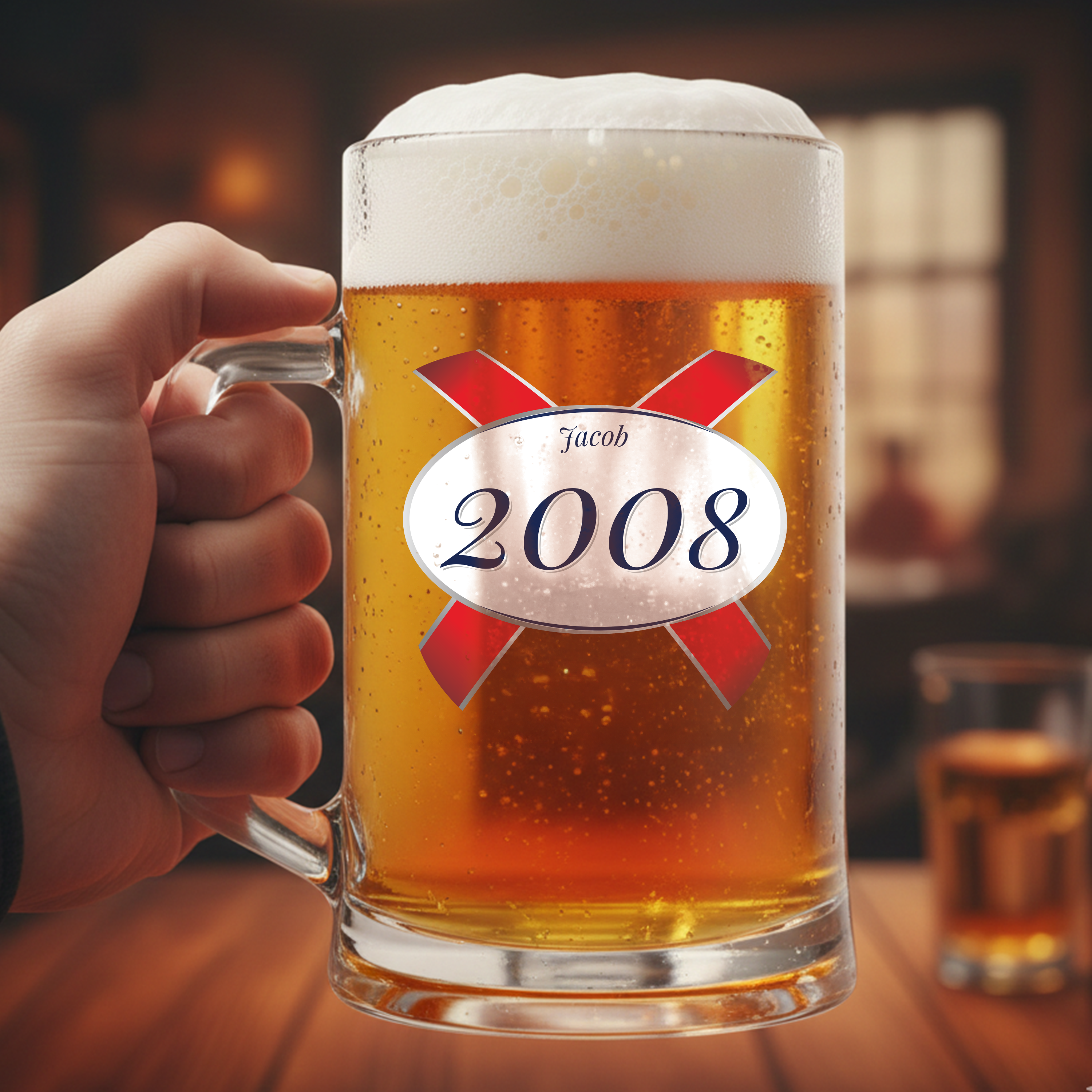 A custom birthday stein with clear glass and a Kronebourg 1664 design where the 1664 has been swapped for 2008 and has the custom text Jacob on it