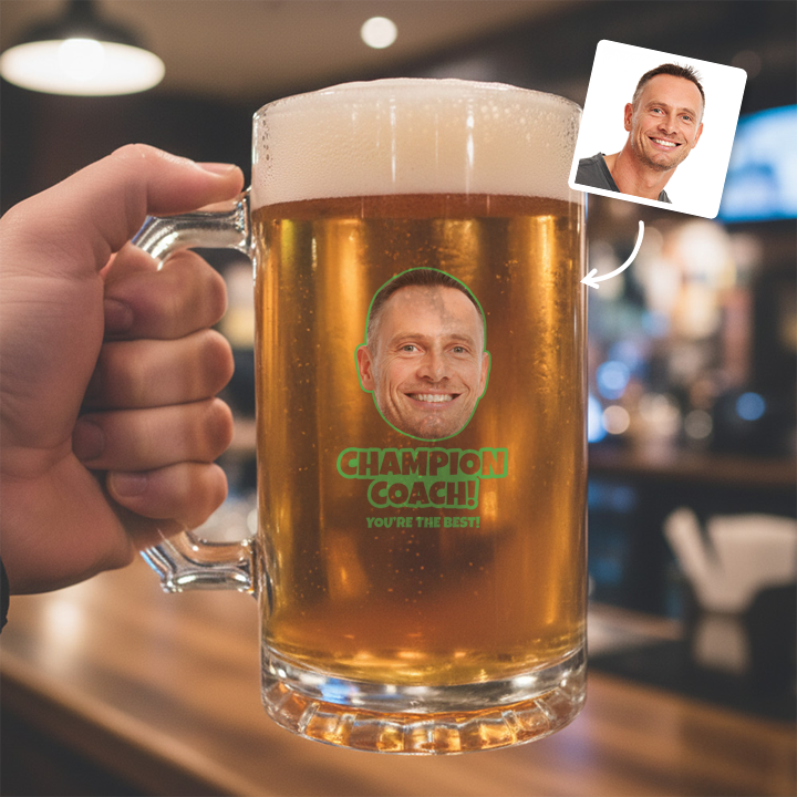 A custom Kronenbourg-inspired birthday stein with frosted glass that reads Billy 1987 with a pub background