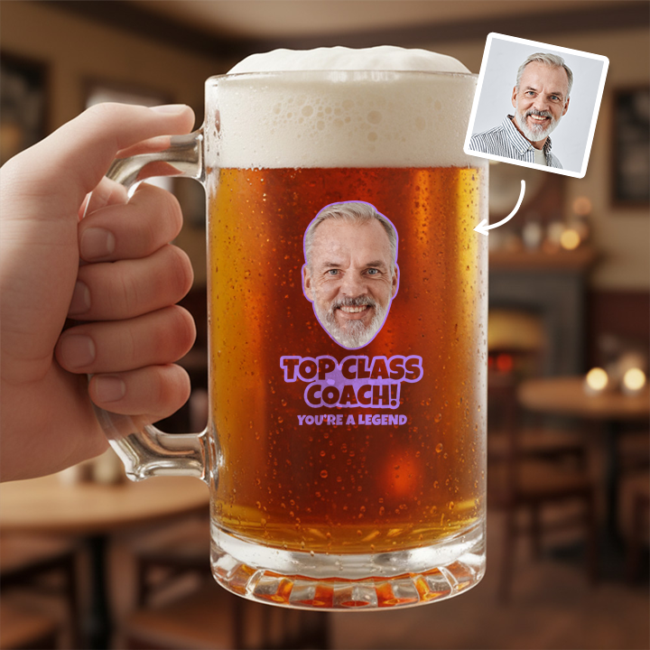 A custom Kronenbourg-inspired stein birthday with frosted glass that reads Dad 1971 with a pub background