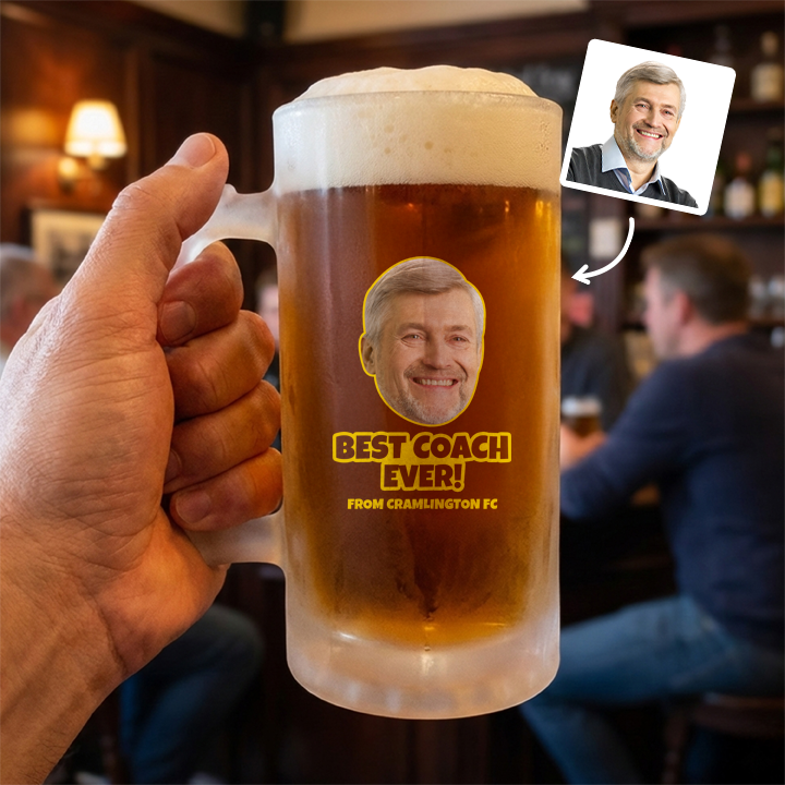 A custom Kronenbourg-inspired birthday stein with frosted glass that reads Joseph 1664 with a pub background