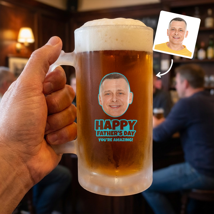 A custom Kronenbourg-inspired birthday stein with frosted glass that reads Billy 1987 with a pub background