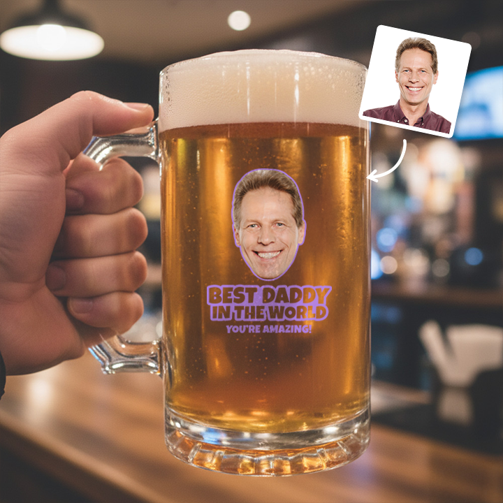 A custom Kronenbourg-inspired stein birthday with frosted glass that reads Dad 1971 with a pub background