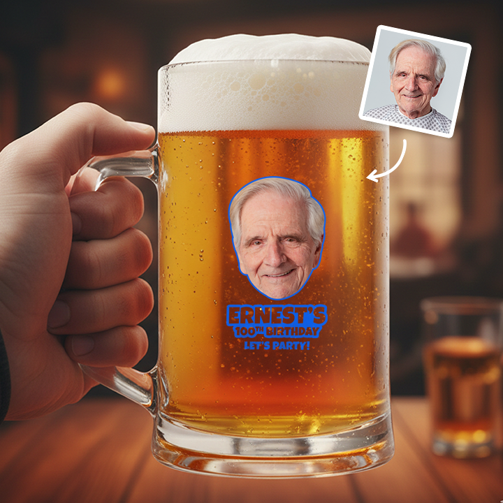 A custom Kronenbourg-inspired birthday stein with frosted glass that reads Billy 1987 with a pub background