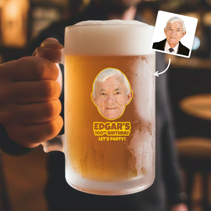 A custom Kronenbourg-inspired stein birthday with frosted glass that reads Dad 1971 with a pub background