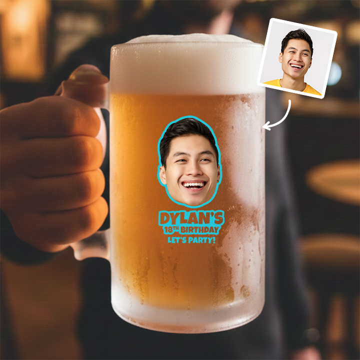 A custom Kronenbourg-inspired birthday stein with frosted glass that reads Billy 1987 with a pub background