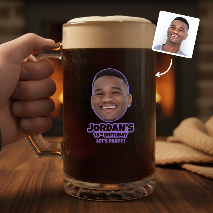 A custom Kronenbourg-inspired stein birthday with frosted glass that reads Dad 1971 with a pub background