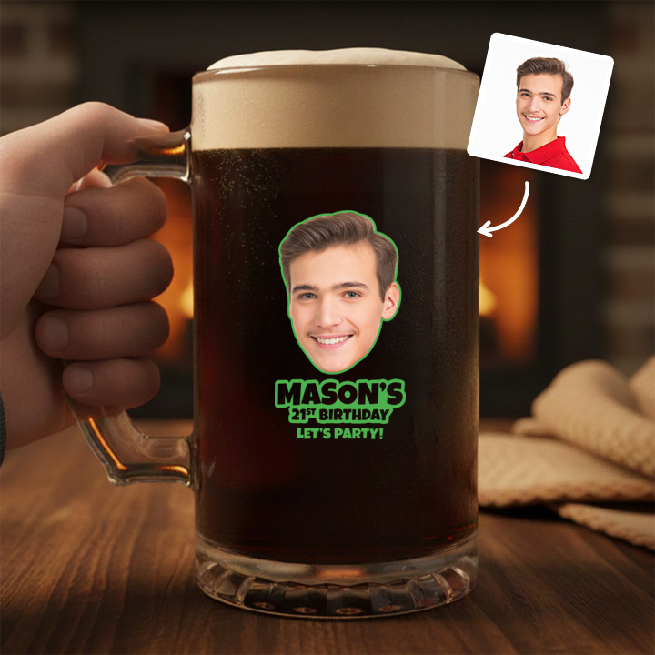 A custom Kronenbourg-inspired birthday stein with frosted glass that reads Billy 1987 with a pub background