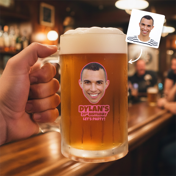 A custom Kronenbourg-inspired stein birthday with frosted glass that reads Dad 1971 with a pub background