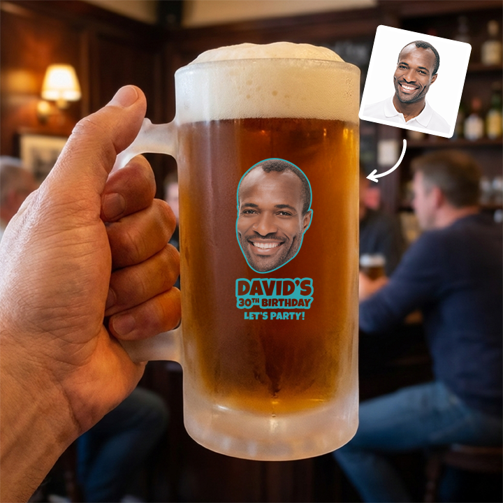 A custom Kronenbourg-inspired stein birthday with frosted glass that reads Dad 1971 with a pub background
