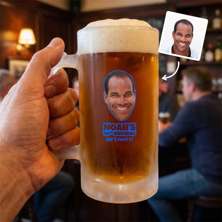 A custom Kronenbourg-inspired birthday stein with frosted glass that reads Billy 1987 with a pub background