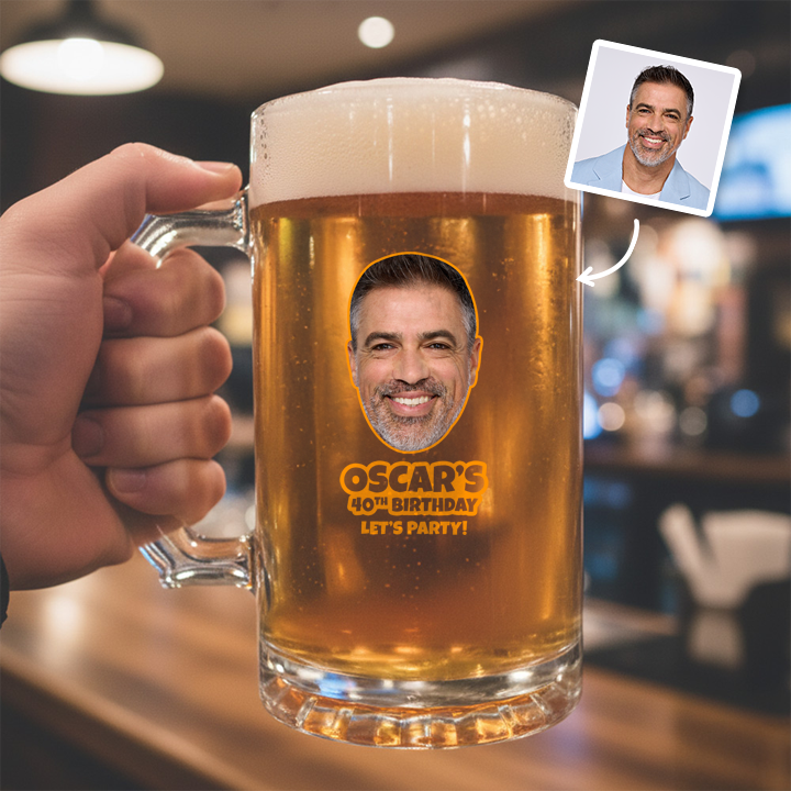 A custom Kronenbourg-inspired stein birthday with frosted glass that reads Dad 1971 with a pub background