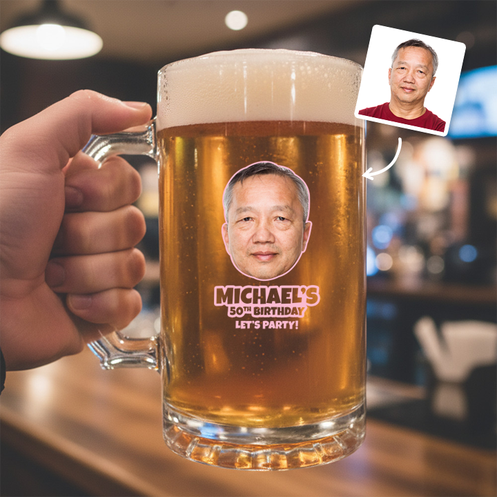 A custom Kronenbourg-inspired birthday stein with frosted glass that reads Billy 1987 with a pub background