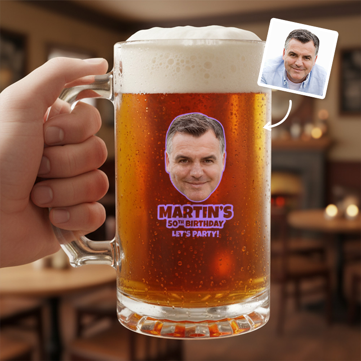 A custom Kronenbourg-inspired stein birthday with frosted glass that reads Dad 1971 with a pub background