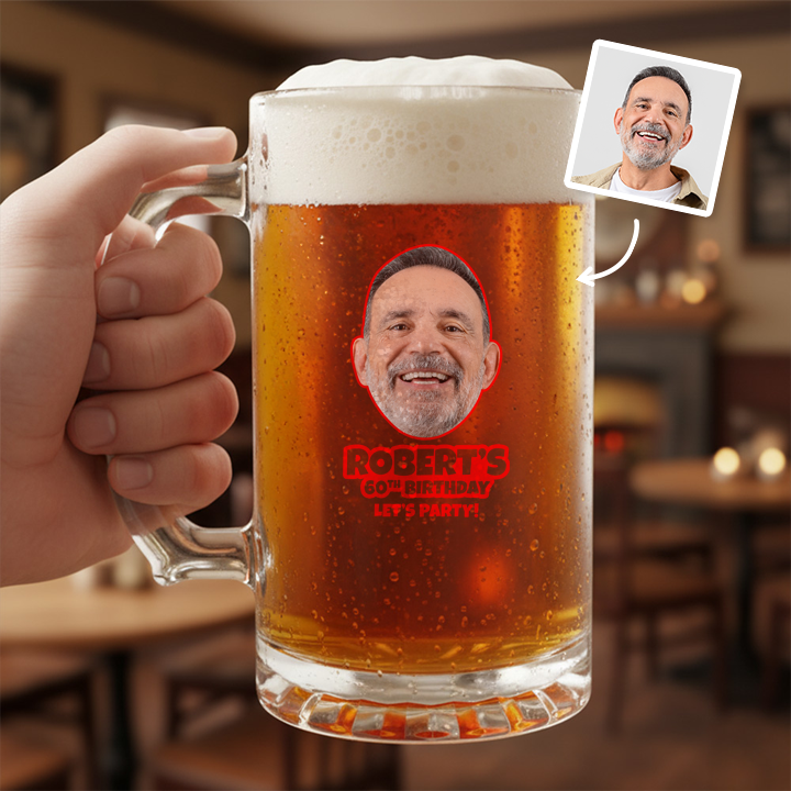 A custom Kronenbourg-inspired birthday stein with frosted glass that reads Billy 1987 with a pub background