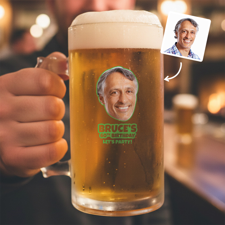 A custom Kronenbourg-inspired stein birthday with frosted glass that reads Dad 1971 with a pub background