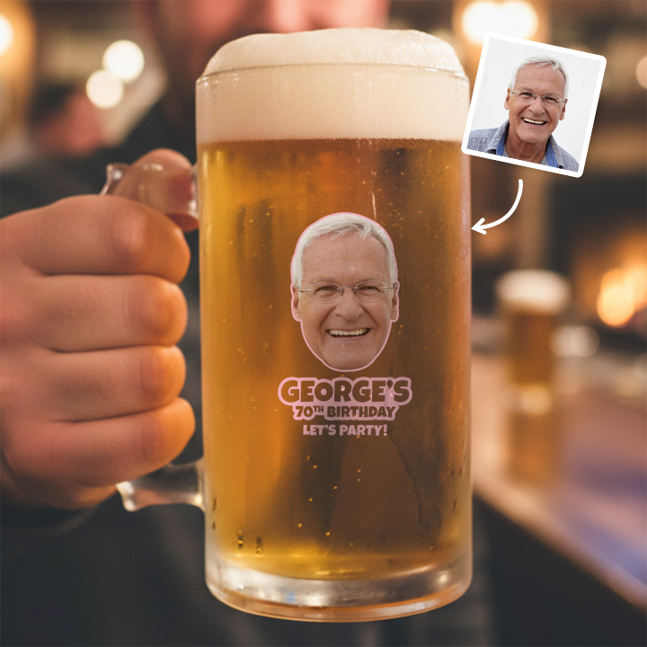 A custom Kronenbourg-inspired birthday stein with frosted glass that reads Billy 1987 with a pub background