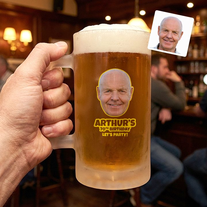 A custom Kronenbourg-inspired stein birthday with frosted glass that reads Dad 1971 with a pub background