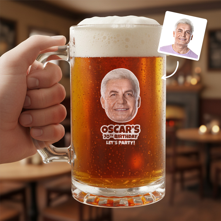 A custom Kronenbourg-inspired birthday stein with frosted glass that reads Joseph 1664 with a pub background