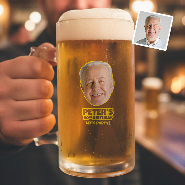A custom Kronenbourg-inspired birthday stein with frosted glass that reads Billy 1987 with a pub background