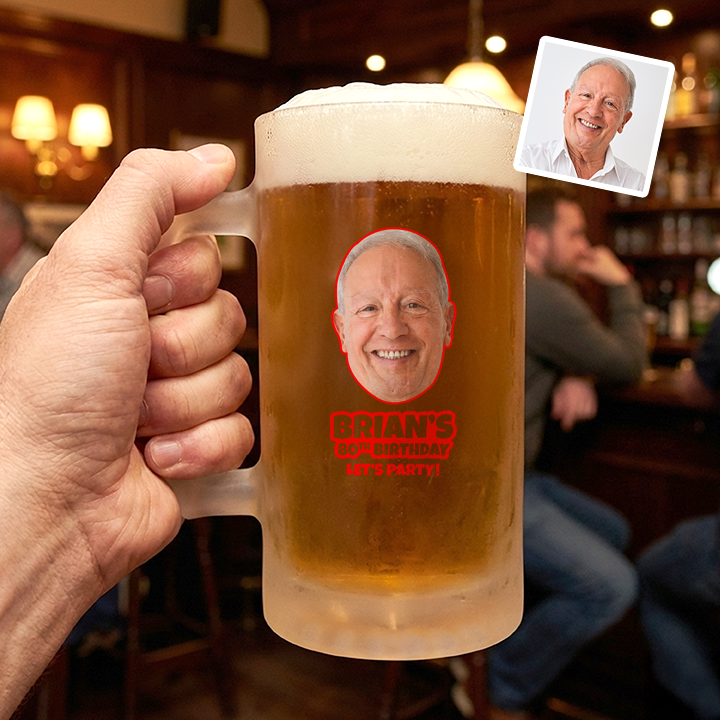 A custom Kronenbourg-inspired stein birthday with frosted glass that reads Dad 1971 with a pub background