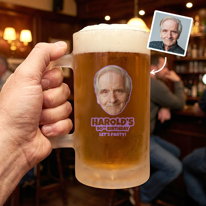 A custom Kronenbourg-inspired birthday stein with frosted glass that reads Billy 1987 with a pub background