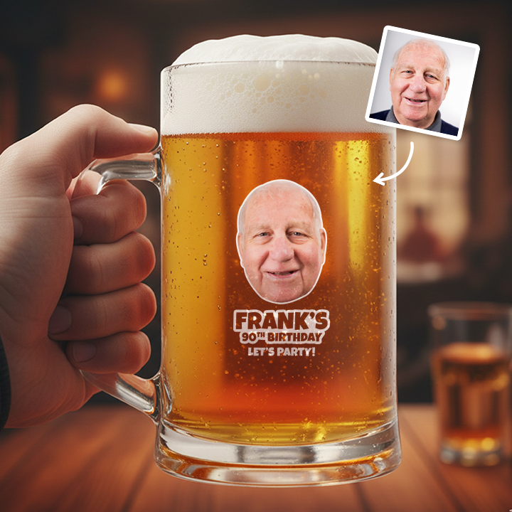 A custom Kronenbourg-inspired stein birthday with frosted glass that reads Dad 1971 with a pub background