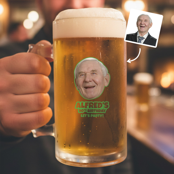 A custom Kronenbourg-inspired birthday stein with frosted glass that reads Joseph 1664 with a pub background