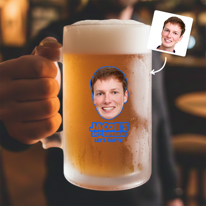 A custom Kronenbourg-inspired stein birthday with frosted glass that reads Dad 1971 with a pub background