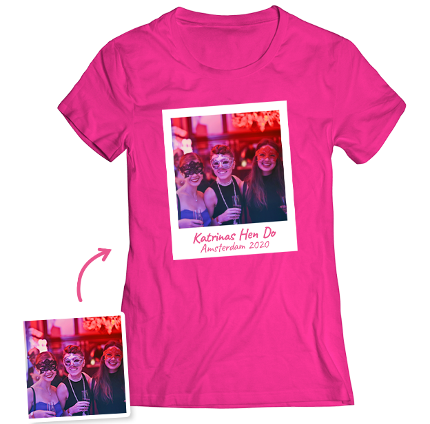 Hen Do Photo T-shirt – Photo, Text, Location on Pink T-shirt