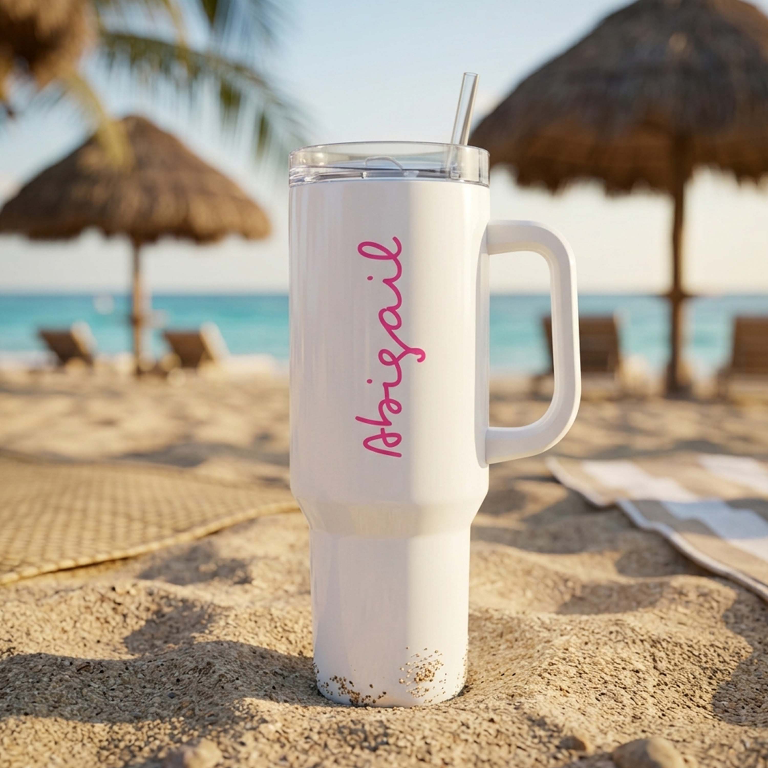 A Love Island inspired Like Island white waterbottle in a bowling bottle style with the custom text Emily printed on it in a curly pink font