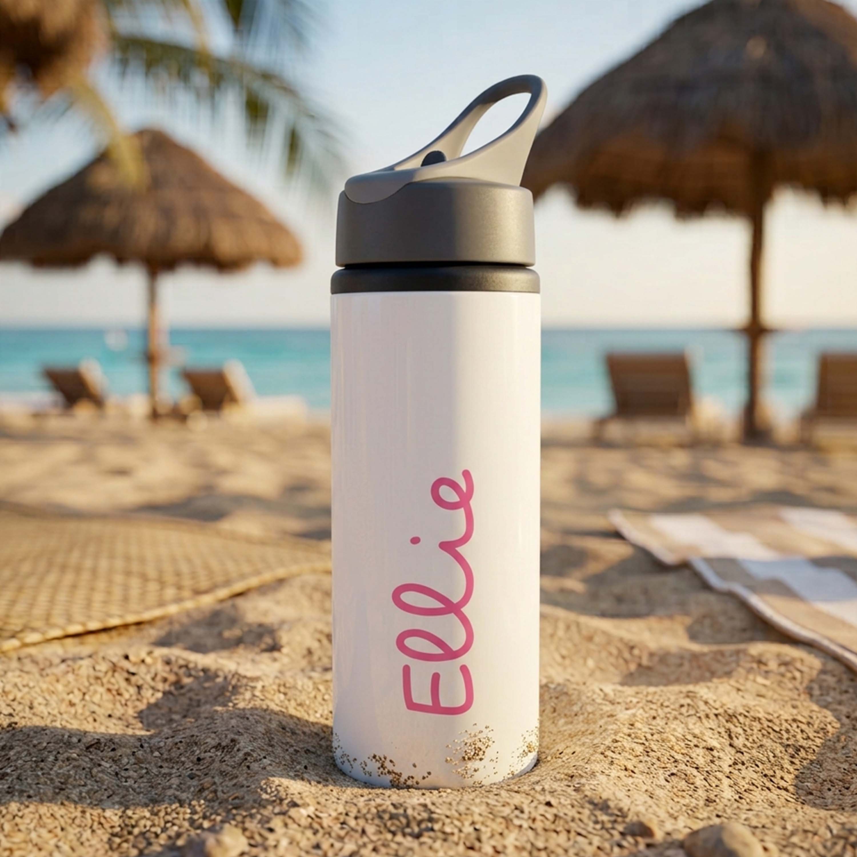 A Love Island inspired Like Island white waterbottle in a bowling bottle style with the custom text Emily printed on it in a curly pink font