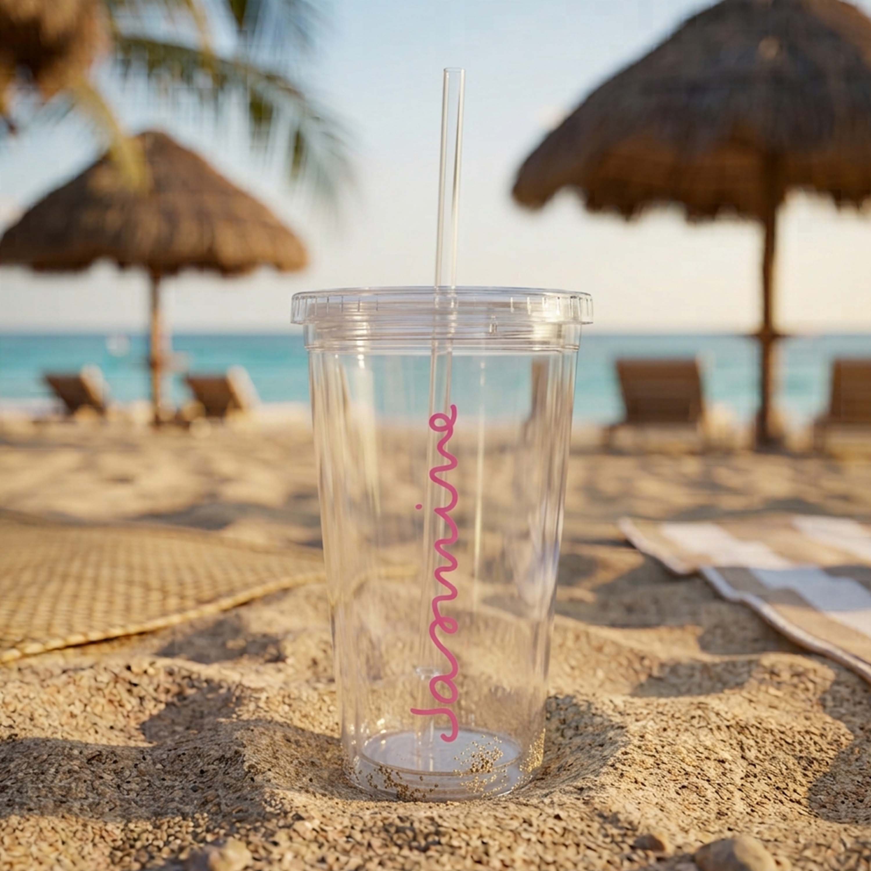 A Love Island inspired Like Island white waterbottle in a bowling bottle style with the custom text Emily printed on it in a curly pink font