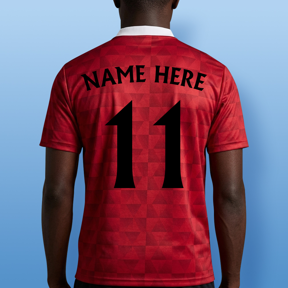 Back view of the modelled Liverpool FC retro football shirt showing editable name and number.