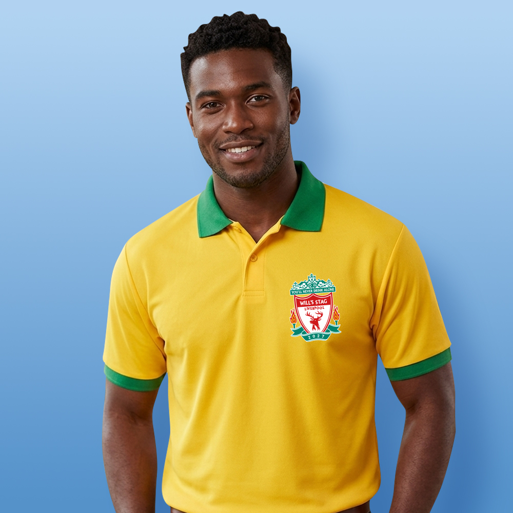 A male model wearing a custom Liverpool FC themed football shirt that has a Liverpool style crest and custom text Will's Stag Liverpool, 2027