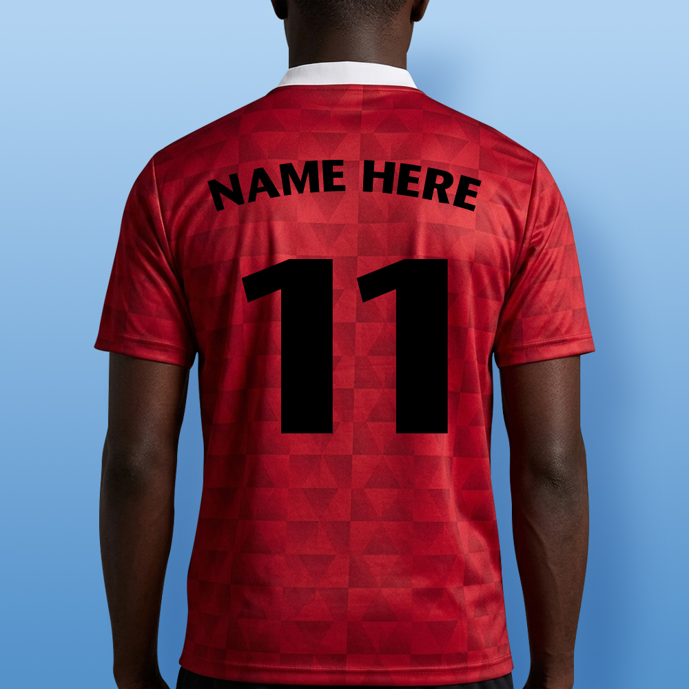 Back view of the modelled MCR retro football shirt showing editable name and number.