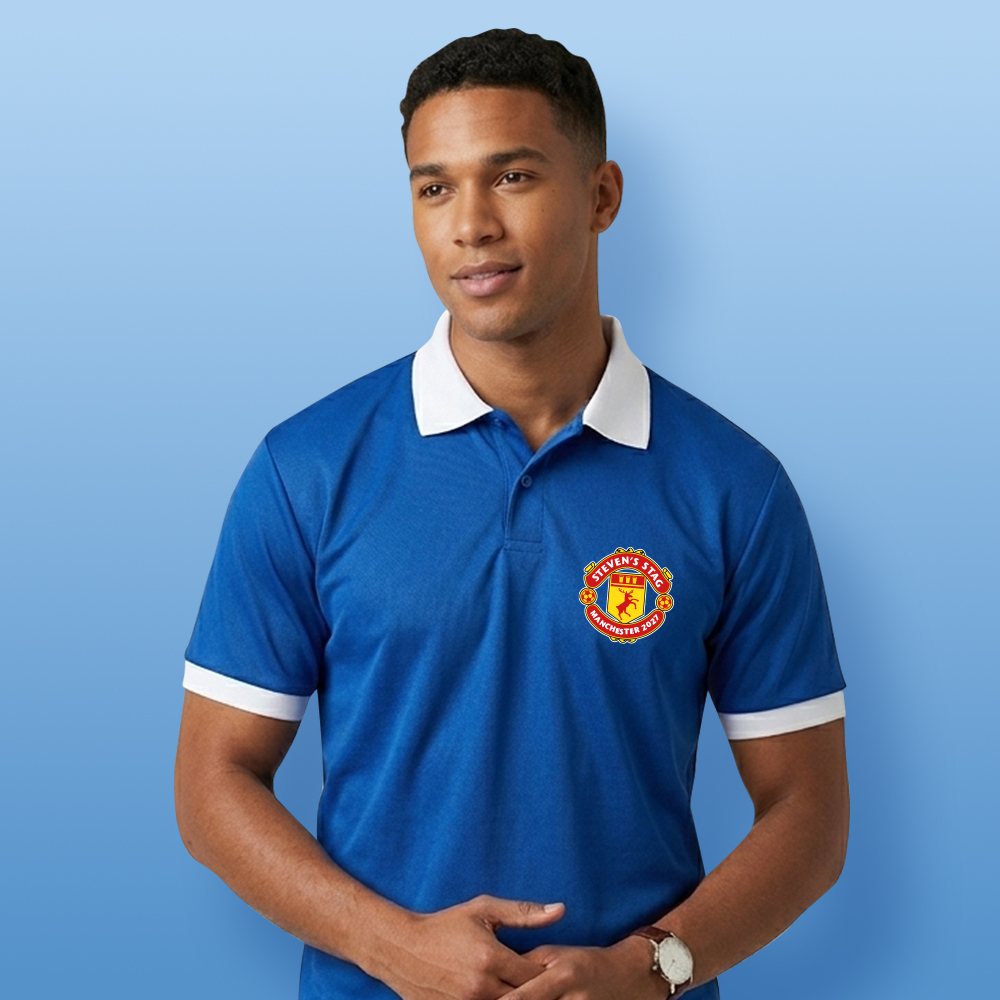 A male model wearing a custom Manchester United themed football shirt which has been personalised with the custom text Steven's Stag Manchester 2027