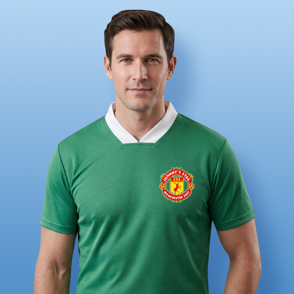 A male model wearing a custom Manchester United themed football shirt which has been personalised with the custom text Johnny's Stag Manchester 2027