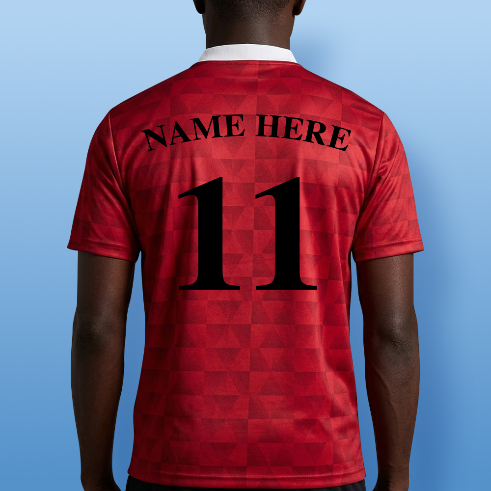 Back view of the modelled Newcastle United retro football shirt showing editable name and number.