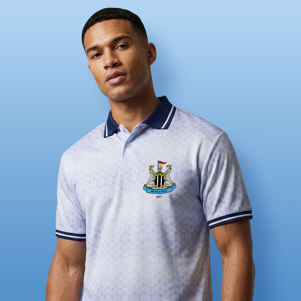 A male model wearing a custom Newcastle United themed football stag do t shirt in a white shimmer colour with a toon style crest that has custom text reading Brad's Stag, 2027 